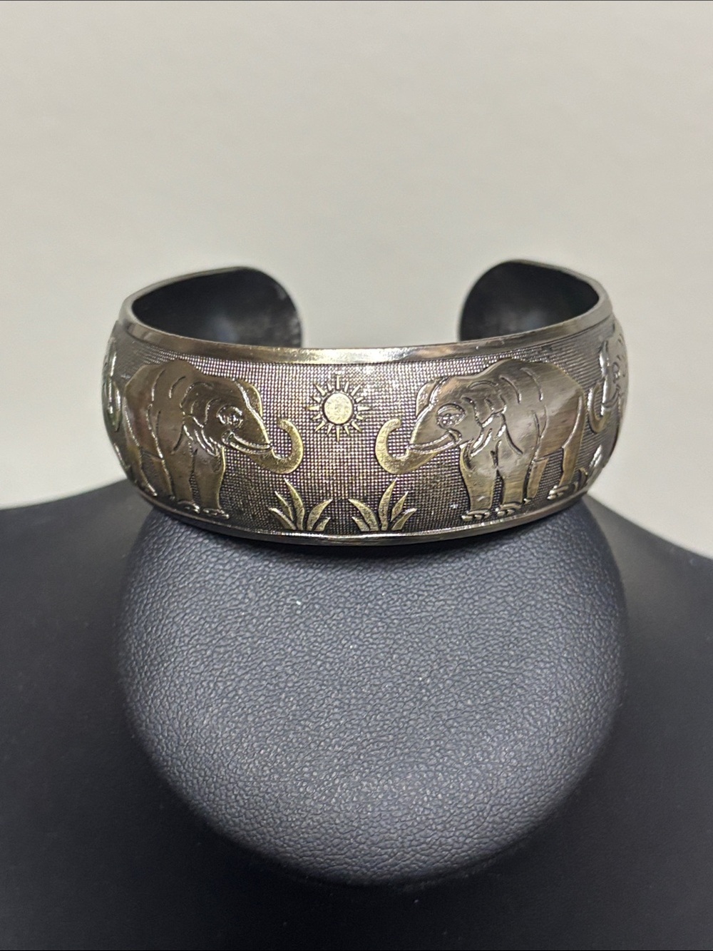 Engraved Elephant Scene Motif Silver-Tone Cuff Bracelet